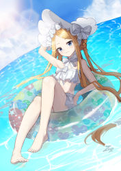Rule 34 | 1girl, abigail williams (fate), abigail williams (swimsuit foreigner) (fate), abigail williams (swimsuit foreigner) (third ascension) (fate), arm up, barefoot, bikini, bikini skirt, bikini top only, blonde hair, blue eyes, blue sky, bow, cinderella bust, closed mouth, cloud, day, fate/grand order, fate (series), floating hair, full body, hat, highres, innertube, long hair, looking at viewer, mansu (user pnmp4287), miniskirt, ocean, outdoors, parted bangs, pleated skirt, skirt, sky, solo, strapless, strapless bikini, swim ring, swimsuit, very long hair, white bikini, white bow, white hat, white skirt