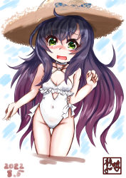 Rule 34 | 1girl, absurdres, cosplay, dated, flat chest, frilled one-piece swimsuit, frills, green eyes, halterneck, hat, highres, kantai collection, long hair, matsuwa (kancolle), one-piece swimsuit, partially submerged, purple hair, sagiri (kancolle), sagiri (kancolle) (cosplay), shizuwaza, simple background, solo, straw hat, swimsuit, tears, white one-piece swimsuit