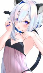 Rule 34 | 1girl, alternate costume, amane kanata, animal ears, babydoll, black panties, blue nails, blush, cat ears, cat tail, fang, flat chest, hair over one eye, highres, hololive, looking at viewer, nail polish, navel, open mouth, panties, paw pose, purple eyes, see-through babydoll, short hair, simple background, skin fang, solo, sui. (suikun), tail, underwear, upper body, virtual youtuber, white background, white hair
