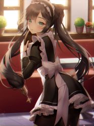Rule 34 | 1girl, absurdres, alternate costume, aqua eyes, black bow, black hair, black pantyhose, blurry, blush, bow, chromatic aberration, cowboy shot, depth of field, enmaided, from behind, genshin impact, hair bow, highres, juliet sleeves, long hair, long sleeves, looking at viewer, maid, maid headdress, meoyo, mona (genshin impact), pantyhose, parted lips, pot, puffy sleeves, solo, sunset, twintails, window