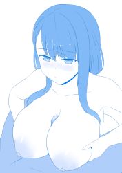 Rule 34 | 1boy, 1girl, blue theme, blush, breast hold, breasts, collarbone, frown, getsuyoubi no tawawa, hetero, huge breasts, jitome-chan (tawawa), large areolae, long hair, monochrome, nao (ritsancrossover), nipples, official style, paizuri, penis, precum, puffy nipples, sidelocks, simple background, solo focus, white background