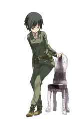 Rule 34 | 00s, 1girl, belt, belt pouch, black eyes, black hair, boots, chair, formal, highres, kino (kino no tabi), kino no tabi, kotoba, kotoba (kotobato), pouch, reverse trap, short hair, solo, suit