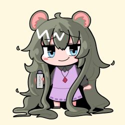 Rule 34 | 1girl, absurdly long hair, ahoge, animal ear fluff, animal ears, blue eyes, blush stickers, bottle, closed mouth, commentary request, cookie (touhou), crystal, fake nyon (cookie), full body, grey hair, grey shirt, highres, holding, holding bottle, jewelry, long hair, long sleeves, looking at viewer, medium bangs, mouse ears, mouse girl, nazrin, pendant, pink skirt, pink vest, shirt, simple background, skirt, skirt set, smile, solo, standing, sznkrs, touhou, very long hair, vest