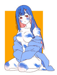 Rule 34 | 1girl, bare shoulders, barefoot, blue hair, blunt bangs, breasts, censored, hair ornament, hairclip, highres, jacket, long hair, matatabeat, multicolored hair, naked jacket, off shoulder, original, parted lips, red eyes, red hair, seiza, sitting, solo, two-tone hair
