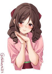 Rule 34 | 1girl, blush, bow, brown hair, drill hair, ebifurya, hair between eyes, hair bow, hakama, hakama skirt, harukaze (kancolle), highres, japanese clothes, kantai collection, kimono, lips, looking at viewer, meiji schoolgirl uniform, own hands clasped, own hands together, pink hakama, pink kimono, red bow, red eyes, red hakama, simple background, skirt, smile, solo, twin drills, twitter username, upper body, white background