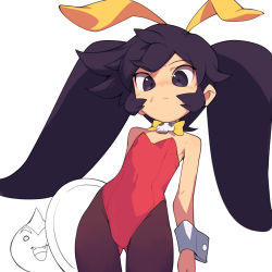 Rule 34 | 1boy, 1girl, :&lt;, animal ears, arm behind back, ashley (warioware), bare shoulders, black hair, black pantyhose, blank eyes, blush, bow, bowtie, closed mouth, collarbone, colored skin, covered navel, cowboy shot, demon boy, detached collar, fake animal ears, flat chest, hairband, holding, holding tray, horns, leaning back, leotard, light blush, long hair, looking at viewer, metata, nintendo, nose blush, outline, pantyhose, playboy bunny, purple background, rabbit ears, red (warioware), red leotard, red skin, sidelocks, simple background, skull, solo focus, standing, strapless, strapless leotard, sweat, swept bangs, tray, twintails, v-shaped eyebrows, warioware, white background, white eyes, wrist cuffs, yellow bow, yellow bowtie, yellow hairband