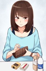 Rule 34 | 1girl, absurdres, blue nails, blue shirt, blush, bottle, brand name imitation, breasts, brown eyes, brown hair, buying condoms, closed mouth, collarbone, commentary request, condom box, fingernails, highres, holding, kapatarou, long sleeves, milk tea, nail polish, original, pocari sweat, shirt, small breasts, smile, solo, upper body, wallet, watch, water bottle, wristwatch
