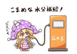 Rule 34 | 1girl, american flag, american flag dress, american flag legwear, blonde hair, chibi, clownpiece, dress, drinking, fairy, fairy wings, frilled shirt collar, frills, gas pump, gasoline, hat, highres, jester cap, leggings, long hair, neck ruff, pants, polka dot, polka dot headwear, red eyes, shitacemayo, simple background, solo, striped clothes, striped dress, touhou, white background, wings