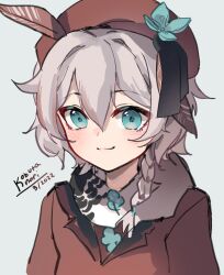 Rule 34 | 1girl, beret, blue eyes, braid, brown hat, brown jacket, closed mouth, commentary, copyright request, dated, english commentary, grey background, grey hair, hair over shoulder, hat, jacket, kobutanori, long hair, signature, simple background, single braid, smile, solo, upper body, virtual youtuber