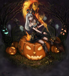 Rule 34 | 1girl, bad id, bad pixiv id, bare shoulders, bare tree, bat wing, black footwear, black skirt, boots, citycat, fire, ghost, gradient background, h2o (dfo), hair ornament, halloween, headband, jack-o&#039;-lantern, knee boots, original, plant, signature, silver hair, skirt, staff, tombstone, tree, vines, witch