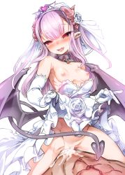 Rule 34 | 1girl, absurdres, bat wings, betoko, blush, breasts, commentary, cowgirl position, cum, cum in pussy, demon girl, demon tail, dress, elbow gloves, gloves, hair between eyes, harigane shinshi, highres, horns, long hair, looking at viewer, nipples, open mouth, original, pointy ears, purple hair, red eyes, small breasts, solo, straddling, tail, thighhighs, uncensored, wedding dress, wings