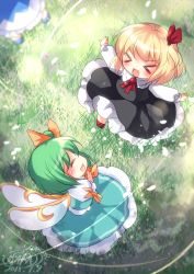 Rule 34 | &gt; &lt;, 2015, 3girls, :d, > <, ^ ^, bad id, bad pixiv id, blurry, blush, bow, chibi, cirno, closed eyes, daiyousei, dated, depth of field, dress, closed eyes, fairy wings, fang, field, grass, hair bow, hair ribbon, head out of frame, laughing, mikazuki sara, multiple girls, open mouth, outstretched arms, ribbon, rumia, side ponytail, signature, skirt, skirt set, smile, touhou, vest, wings, xd