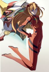 Rule 34 | 1girl, absurdres, alternate hair length, alternate hairstyle, artist request, ass, blue eyes, bodysuit, breasts, brown hair, curvy, eva 02, full body, hair ornament, hand on own hip, highres, interface headset, lips, long hair, looking at viewer, mecha, medium breasts, neon genesis evangelion, plugsuit, rebuild of evangelion, red bodysuit, robot, shiny clothes, simple background, skin tight, smile, souryuu asuka langley, twintails, very long hair, wide hips