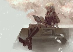 Rule 34 | 10s, 1girl, alternate hairstyle, anchovy (girls und panzer), anzio (emblem), anzio military uniform, arm support, black-framed eyewear, black footwear, black necktie, black shirt, blouse, book, boots, cherry blossoms, clothes around waist, crossed legs, day, die (die0118), dress shirt, emblem, frown, girls und panzer, glasses, green hair, grey jacket, grey pants, hair down, heart, holding, holding book, jacket, jacket around waist, unworn jacket, knee boots, leaning back, long hair, military, military uniform, necktie, on vehicle, outdoors, pants, pants tucked in, petals, red eyes, round eyewear, shirt, sitting, sleeves rolled up, solo, tree, undone necktie, uniform