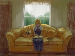 Rule 34 | 2girls, alice margatroid, blonde hair, blue dress, book, book on lap, bookshelf, capelet, couch, cup, doll, dress, floating, hairband, holding, holding plate, indoors, multiple girls, open book, plate, reading, red ribbon, ribbon, saucer, shanghai doll, sitting, sky, touhou, tree, uruo, window, yellow upholstery