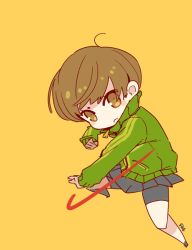 Rule 34 | 1girl, bike shorts, brown eyes, brown hair, chibi, closed mouth, full body, green jacket, jacket, looking at viewer, mota, persona, persona 4, satonaka chie, school uniform, short hair, simple background, skirt, solo, track jacket, yellow background
