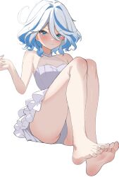 Rule 34 | 1girl, alien adviser, bare arms, bare legs, bare shoulders, barefoot, blue eyes, blue hair, blush, commentary, dress, furina (genshin impact), genshin impact, hand up, highres, knees up, looking at viewer, multicolored hair, short hair, sitting, sleeveless, sleeveless dress, solo, streaked hair, thighs, white dress, white hair