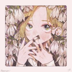 Rule 34 | 1girl, black nails, black neckwear, blonde hair, blush, border, collar, commentary request, english text, flower, green eyes, hands up, happy new year, looking at viewer, momo walnut, nail polish, new year, original, signature, solo, white border, white flower
