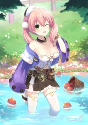 Rule 34 | 1girl, ;d, artist name, atelier (series), atelier escha &amp; logy, bangle, basket, binato lulu, blurry, bracelet, breasts, cleavage, collarbone, day, depth of field, escha malier, fence, flower, grass, green eyes, hair between eyes, hat, jewelry, long hair, looking at viewer, low twintails, medium breasts, off shoulder, one eye closed, open mouth, outdoors, pink hair, skirt, sleeves past wrists, smile, solo, tail, thighhighs, twintails, wading, water, white hat, white thighhighs, wooden fence