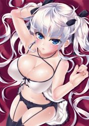 Rule 34 | 1girl, :o, babydoll, bad id, bad pixiv id, belly, black panties, black thighhighs, blue eyes, blush, breasts, cleavage, garter straps, hair ribbon, large breasts, long hair, looking at viewer, navel, original, panties, parted lips, ribbon, shiny skin, shiromayu, silver hair, skindentation, solo, thighhighs, twintails, underwear