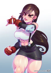 Rule 34 | 1girl, abs, blood, breasts, cowboy shot, feet out of frame, final fantasy, final fantasy vii, kajin (kajinman), large breasts, muscular, muscular female, patreon logo, simple background, smile, solo, square enix, thick thighs, thighs, tifa lockhart