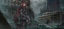 Rule 34 | 2girls, arknights, black jacket, cityscape, cloud, cloudy sky, construction site, dress shirt, elbow pads, gleam, grey sky, hat, highres, horns, jacket, looking at viewer, multiple girls, necktie, open clothes, open jacket, ph., pointy ears, polearm, red eyes, red hair, ruins, shirt, shorts, shoulder pads, siege (arknights), sky, spear, standing, thighhighs, tower, twintails, vigna (arknights), weapon