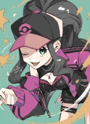 ;p alternate_costume baseball_cap black_hair black_hat black_shirt black_skirt blue_eyes cleavage_cutout clothing_cutout creatures_(company) eyelashes game_freak hat highres hilda_(pokemon) jacket jewelry kienai_11 long_hair necklace nintendo one_eye_closed pink_jacket poke_ball_print pokemon pokemon_bw ponytail shirt skirt smile star_(symbol) tongue tongue_out