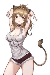 Rule 34 | 1girl, animal ears, arknights, armpits, arms up, bad id, bad pixiv id, bare shoulders, black choker, blush, breasts, brown eyes, brown hair, candy, choker, cleavage, cowboy shot, fangs, food, fur-trimmed shorts, fur trim, highres, holding, holding food, large breasts, lion ears, lion tail, lollipop, long hair, looking at viewer, parted lips, red shorts, shao (shaorouhong), short shorts, shorts, siege (arknights), simple background, solo, standing, tail, tank top, thighs, white background, white tank top