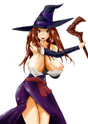 Rule 34 | 1girl, bare shoulders, black eyes, breasts, breasts out, brown hair, cleavage, detached sleeves, dragon&#039;s crown, dress, female focus, hat, hip focus, huge breasts, large areolae, long hair, nipple slip, nipples, open mouth, simple background, solo, sorceress (dragon&#039;s crown), staff, standing, strapless, strapless dress, vanillaware, weapon, white background, wide hips, witch, witch hat, yu (453521)