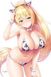 Rule 34 | 1girl, animal ears, animal print, bare legs, bikini, blonde hair, blush, bow, bowtie, breasts, closed mouth, cow ears, cow horns, cow print, cow tail, gluteal fold, green eyes, hair between eyes, hand on own head, highres, horns, large breasts, long hair, naoki (endofcentury102), navel, original, ponytail, skindentation, solo, swimsuit, tail, thighs, very long hair, white bow, white bowtie, wristband