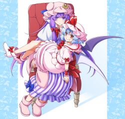 Rule 34 | 2girls, armchair, blue hair, blunt bangs, boots, chair, crescent, crescent hat ornament, dress, eichi yuu, eyes visible through hair, fang, fang out, floral background, hair ribbon, hat, hat ornament, high heels, highres, jitome, light blue hair, long hair, looking at viewer, mob cap, multiple girls, patchouli knowledge, pink dress, puffy short sleeves, puffy sleeves, purple eyes, purple hair, red eyes, remilia scarlet, ribbon, short sleeves, simple background, sitting, sitting on lap, sitting on person, smile, striped, touhou, tress ribbon, vertical stripes, very long hair, yuri