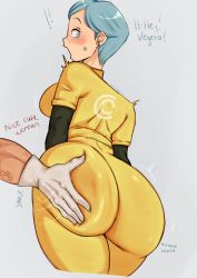 Rule 34 | 1boy, 1girl, ass, blue eyes, blue hair, blush, bodysuit, breasts, bulma, capsule corp, curvy, doujinpearl, dragon ball, dragon ball super, dragon ball super super hero, earrings, english text, gloves, grey background, highres, huge ass, jewelry, jumpsuit, large breasts, looking back, mature female, open mouth, short hair, simple background, skin tight, spanking, thick thighs, thighs, vegeta, white gloves, wide hips, yellow bodysuit