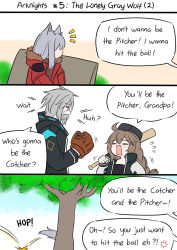 Rule 34 | 1boy, 2girls, 3koma, anger vein, animal ear fluff, animal ears, arknights, artist self-insert, baseball bat, baseball glove, bench, black headwear, black jacket, blush, braid, brown hair, comic, commentary, cuora (arknights), doctor (arknights), english commentary, english text, closed eyes, facial hair, flying sweatdrops, fur-trimmed hood, fur trim, green jacket, grey hair, guin guin, hat, holding, holding baseball bat, hood, hood down, hooded jacket, jacket, long hair, long sleeves, male doctor (arknights), multiple girls, mustache, notice lines, on bench, open clothes, open jacket, open mouth, profile, projekt red (arknights), red jacket, sitting, tail, tree