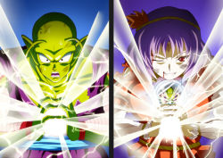 Rule 34 | 1boy, 1girl, blood, colored skin, crossover, dragon ball, dragonball z, electricity, energy ball, green skin, hair ornament, injury, kamishima kanon, long sleeves, muscular, open mouth, piccolo, pointy ears, puffy sleeves, purple hair, red eyes, reflection, short hair, smile, sweatdrop, touhou, yasaka kanako