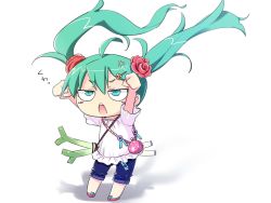 Rule 34 | 1girl, ahoge, anger vein, aqua eyes, aqua hair, arms up, bad id, bad pixiv id, byo (kuro usagi), chibi, floating hair, flower, hair flower, hair ornament, hairclip, hatsune miku, long hair, open mouth, outstretched arms, simple background, solo, spring onion, twintails, very long hair, vocaloid