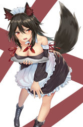 Rule 34 | 1girl, absurdres, alternate costume, animal ears, apron, bare shoulders, black footwear, black hair, boots, breast rest, breasts, breasts on tray, brooch, carried breast rest, carrying, detached collar, detached sleeves, enmaided, fang, hair between eyes, highres, imaizumi kagerou, jewelry, large breasts, leaning forward, long hair, looking at viewer, maid, open mouth, red eyes, red ribbon, ribbon, solo, standing, suiroh (shideoukami), tail, touhou, tray, waist apron, white background, wolf ears, wolf tail