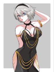 Rule 34 | 1girl, 2b (nier:automata), alternate costume, arm behind back, arm behind head, armlet, artist name, black dress, breasts, chain, cleavage, dress, gold chain, grey hair, highres, hip vent, large breasts, lips, looking at viewer, modakawa dress, nier:automata, nier (series), nonoworks, solo, watermark