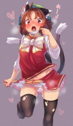 Rule 34 | 1girl, ahoge, animal ear fluff, animal ears, arm up, black thighhighs, blush, bow, bowtie, breasts, brown eyes, brown hair, buttons, cat ears, cat tail, chen, commentary request, cum, cum in mouth, cumdrip, earrings, foot out of frame, gold trim, hat, heart, highres, ibaraki natou, jewelry, long sleeves, looking at viewer, lower teeth only, mask, mask pull, midriff peek, miniskirt, mob cap, multiple tails, navel, nekomata, open mouth, panties, parted bangs, petticoat, red skirt, red vest, shiny skin, short hair, simple background, single earring, skirt, small breasts, solo, standing, standing on one leg, stomach, tail, teeth, thighhighs, tongue, touhou, two tails, underwear, upper teeth only, vest, white background, white bow, white bowtie, white panties, white sleeves