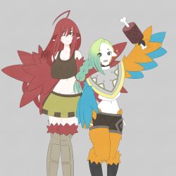 Rule 34 | 2girls, absurdres, ahoge, animal ears, artist name, bare shoulders, bird ears, bird legs, blue feathers, boned meat, borrowed character, braid, breasts, brown tank top, coco (eogks), feathers, food, gimli34, gradient hair, green hair, grey background, grey poncho, harpy, highres, large breasts, long hair, mako (eogks), meat, midriff, monster girl, multicolored hair, multiple girls, navel, one eye closed, open mouth, orange feathers, orange wings, original, pointy ears, red feathers, red hair, red wings, sharp teeth, shorts, simple background, skirt, sparkle, tank top, teeth, two-tone wings, very long hair, winged arms, wings, yellow skirt