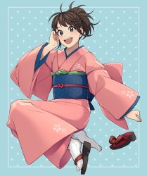 Rule 34 | 1girl, blue background, blush, brown eyes, brown hair, commentary request, gintama, highres, japanese clothes, kimono, kobaji, long sleeves, looking at viewer, obi, open mouth, pink kimono, ponytail, sandals, unworn sandals, sash, shimura tae, short hair, smile, socks, solo, teeth, upper teeth only, white socks, wide sleeves