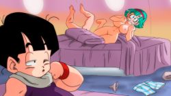 Rule 34 | 1girl, bed, bed sheet, blue eyes, blunt bangs, breasts, bulma, caught, clenched teeth, clothed male nude female, unworn clothes, dragon ball, dragonball z, feet, feet up, green hair, groin, half-closed eyes, hands up, indoors, kuririn, large breasts, legs, lying, navel, nipples, nude, on bed, on side, one eye closed, panties, unworn panties, pillow, short hair, son gohan, surprised, teeth, thighs, toes, underwear, waking up, yamamoto doujin