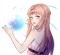 Rule 34 | 1girl, aqua eyes, back, bare arms, bare shoulders, blue eyes, blush, dress, earrings, elf, hands up, jewelry, kowarisan, light brown hair, long hair, looking at viewer, looking back, magic, nintendo, open mouth, parted bangs, pointy ears, princess zelda, simple background, smile, solo, strapless, strapless dress, super smash bros., the legend of zelda, the legend of zelda: a link between worlds, the legend of zelda: breath of the wild, tiara, triforce, upper body, white background, white dress