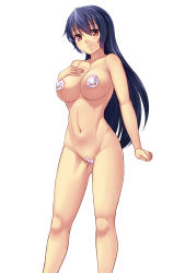 Rule 34 | 1girl, bad id, bad pixiv id, bare shoulders, blue hair, breasts, female focus, hand on own chest, highres, large breasts, long hair, maebari, navel, original, pasties, red eyes, simple background, smile, solo, very long hair, vuccha, white background