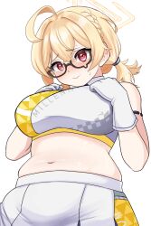 Rule 34 | 1girl, absurdres, ahoge, black-framed eyewear, blonde hair, blue archive, breasts, glasses, gloves, halo, highres, kotori (blue archive), kotori (cheer squad) (blue archive), large breasts, looking at viewer, millennium cheerleader outfit (blue archive), navel, official alternate costume, plum, puroteinaa, red eyes, short twintails, skirt, smile, solo, twintails, white gloves, white skirt, yellow halo
