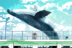 Rule 34 | 1girl, black sailor collar, blue sky, brown hair, chain-link fence, cloud, cloudy sky, commentary request, day, fence, flying whale, grey skirt, hands up, long hair, looking at viewer, munakata (hisahige), neckerchief, on roof, original, outdoors, parted lips, pleated skirt, red neckerchief, rooftop, sailor collar, school uniform, serafuku, shirt, skirt, sky, solo, speaker, whale, white shirt