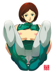 Rule 34 | 1girl, boots, breasts, brown hair, cameltoe, emma sheen, green eyes, green footwear, gundam, inverted nipples, large breasts, nipples, open clothes, open shirt, pantyhose, shirt, solo, sonobe kazuaki, spread pussy under clothes, tongue, uniform, white pantyhose, zeta gundam