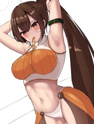 Rule 34 | 1girl, absurdres, armpits, blush, breasts, brown hair, dungeon and fighter, fighter (dungeon and fighter), hair between eyes, highres, holding, holding own hair, large breasts, mouth hold, navel, ponytail, solo, sseong, tying hair