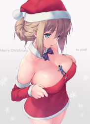 Rule 34 | 1boy, 1girl, adjusting clothes, bow, bowtie, breasts, brown hair, christmas, cleavage, cowboy shot, detached collar, detached sleeves, english text, giant, giantess, green eyes, hair bun, hat, highres, large breasts, merry christmas, original, parted lips, purple bow, purple neckwear, red sleeves, santa costume, santa hat, single hair bun, size difference, snowflake background, teston