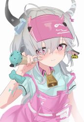 Rule 34 | 1girl, absurdres, animal ears, apron, aqua shirt, blush, cow ears, cow girl, cow horns, food, grey hair, highres, horns, ice cream, indie virtual youtuber, mint chocolate, osorii, pink apron, pink eyes, shirt, simple background, smile, solo, uyoo clover, virtual youtuber, white background