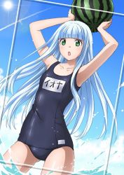 Rule 34 | 1girl, aoki hagane no arpeggio, blue sky, blunt bangs, character name, competition swimsuit, day, female focus, food, fruit, green eyes, highres, hime cut, holding, iona (aoki hagane no arpeggio), itsuki sayaka, long hair, ocean, one-piece swimsuit, outdoors, sidelocks, silver hair, sky, solo, sun, swimsuit, water, watermelon